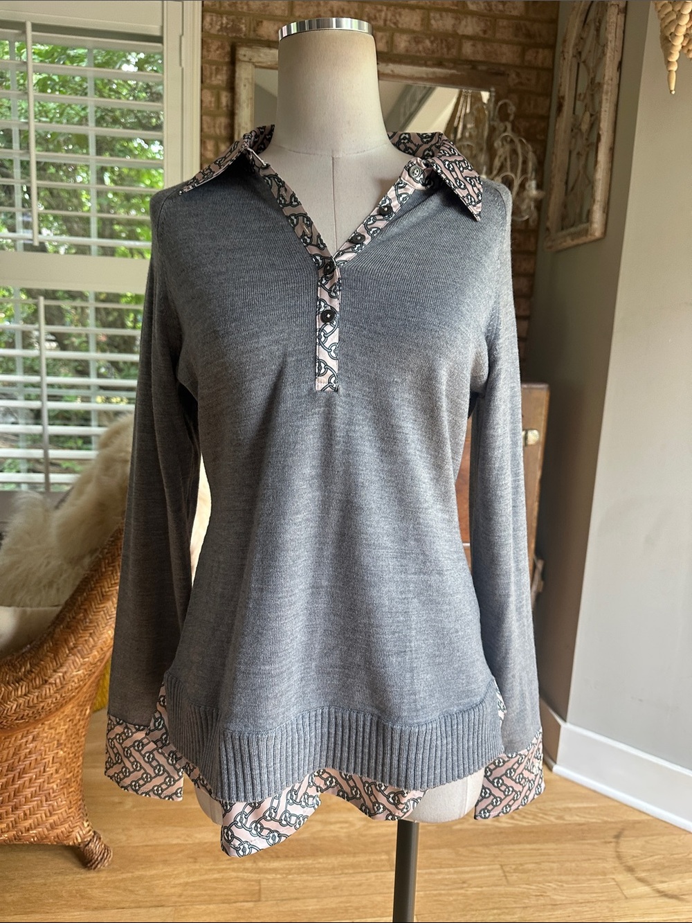 GOODE RIDER MERINO WOOL POSH POLO GRAY HEATHER SWEATER LARGE NEW